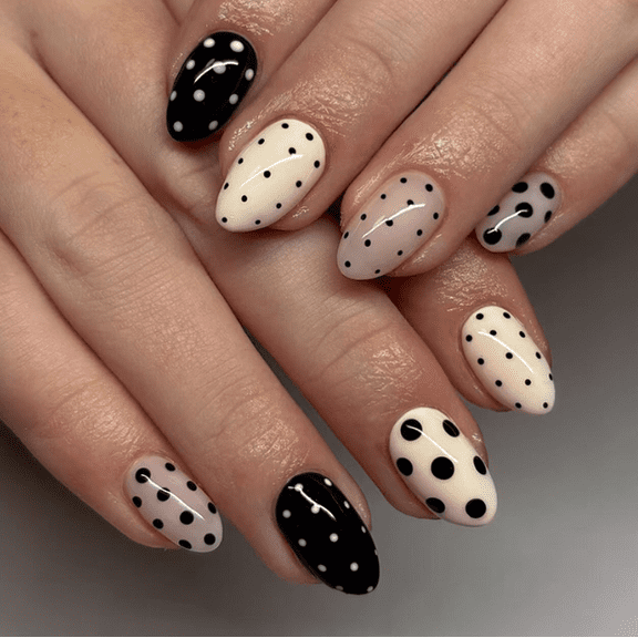 (Buy 2 Get 1 Free)YTTAL Polka Dot Press on Nails Short Almond Shape Spring Summer Fake Nails with Designs Cute Short False Fingernails Black Yellow Nude Stick on Nail for Women DIY Nail Manicure Kit