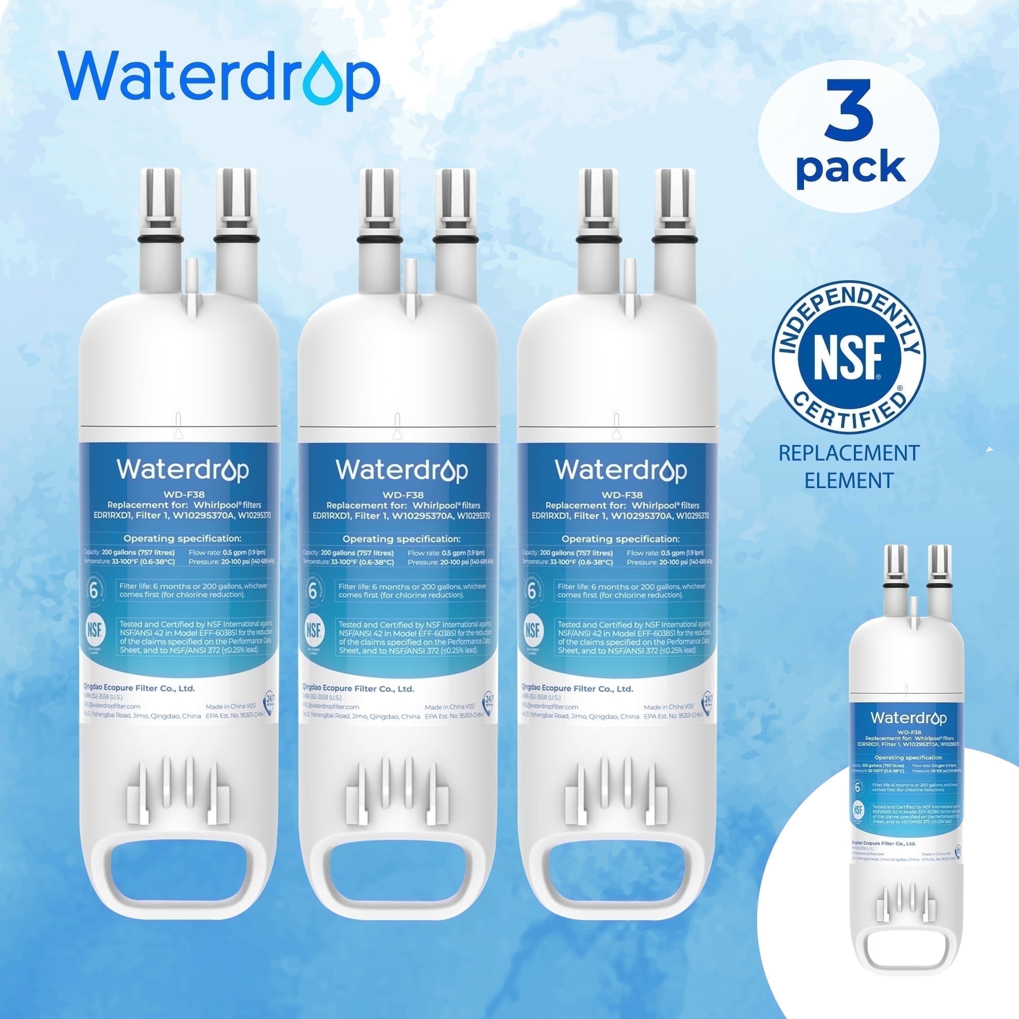 4 for 3! Waterdrop EDR1RXD1 Water Filter Replacement 3 Pack - Compatible with Everydrop Filter 1 EDR1RXD1B, P8RFWB2L, P4RFWB, Kenmore 46-9081, 46-9930, WD-F38
