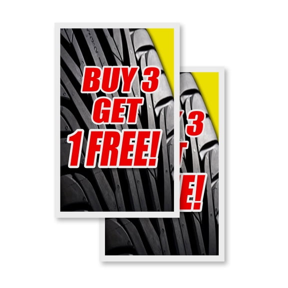 Buy 3 Tires Get 1 Free (2-PACK) 24" x 36" Vinyl Decals | Sign Insert Peel & Stick Decals Stickers Window Signs