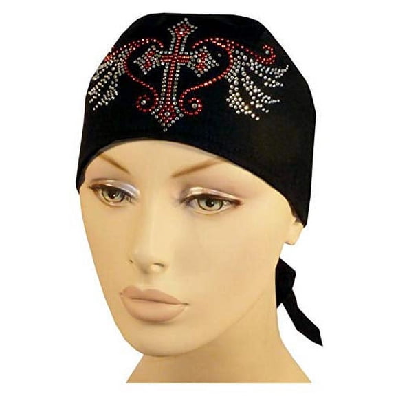 Buy Caps and Hats Christian Doo-Rag with Sweatband Motorcycle Skull Cap Bikers Do-Bandana (Rhinestone Cross Angel Wings Red Silver)
