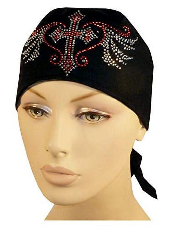 Buy Caps and Hats Christian Doo-Rag with Sweatband Motorcycle Skull Cap Bikers Do-Bandana (Rhinestone Cross Angel Wings Red Silver)