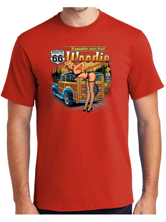 First Woodie Rt Route 66 Cotton T-shirt, Small Fiery Red
