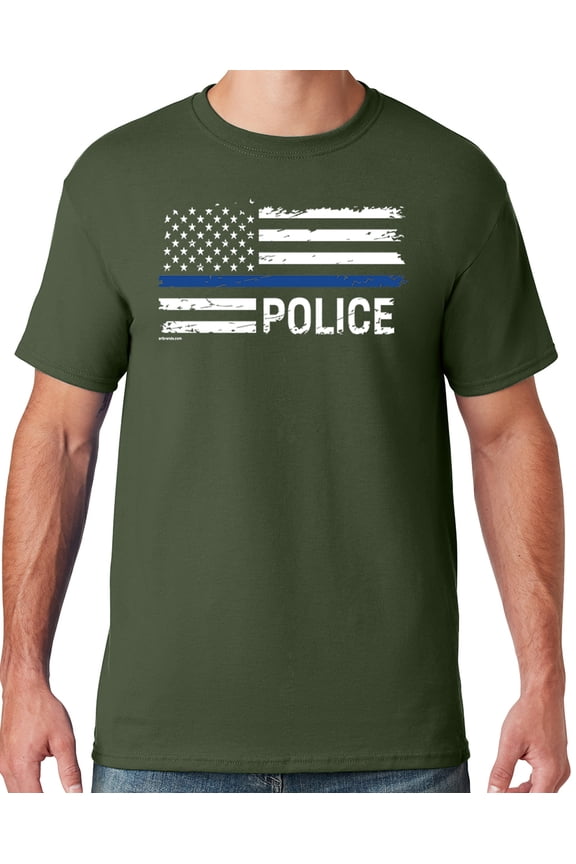 Mens Police Thin Blue Line T-shirt, Large Military Green