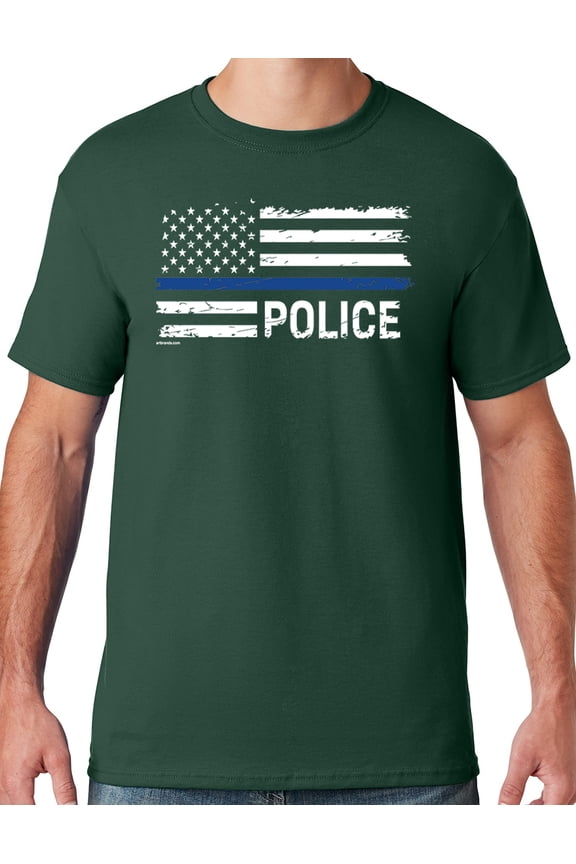 Mens Police Thin Blue Line T-shirt, Medium Forest Green
