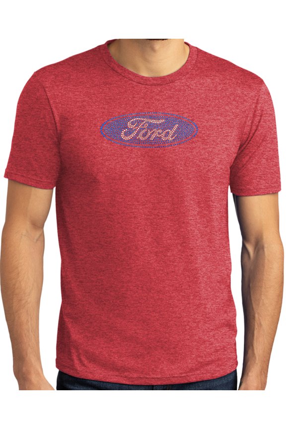 Mens Rhinestone FORD OVAL Logo T-shirt, 3XL Red Frost