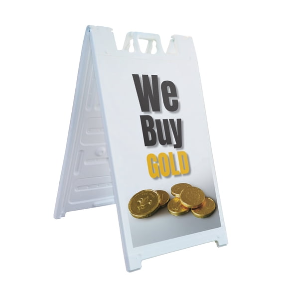 We Buy Gold Vertical 24" x 36" Double Sided A-Frame Sidewalk Sign Includes 2 Installed Decals Foldable Portable White Signicade Sandwich Board Reliable Transactions Trusted Shops
