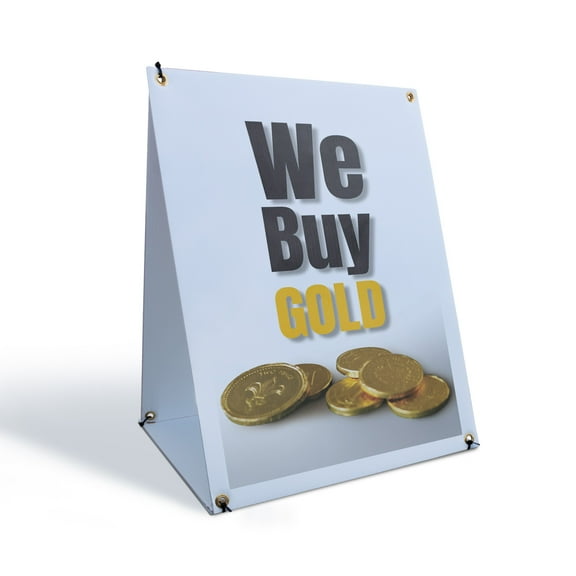 We Buy Gold Vertical Sidewalk Sign 18 Inch x 24 Inch A-Frame Images On Both Sides | Reliable Transactions, Trusted Shops, Professional Display | Made in USA