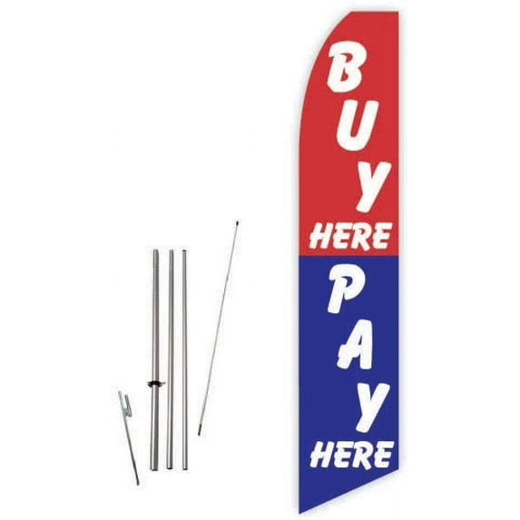 Buy Here Pay Here Red/Blue Super Novo Feather Flag - Complete with 15ft Pole Set and Ground Spike
