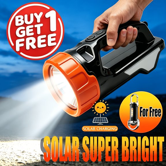 Buy One Get One Free, 2 Pack Solar LED Flashlight with COB Side Light, USB Rechargeable Searchlight with Power Indicator & Shoulder Strap, Emergency Lantern for Camping Hiking