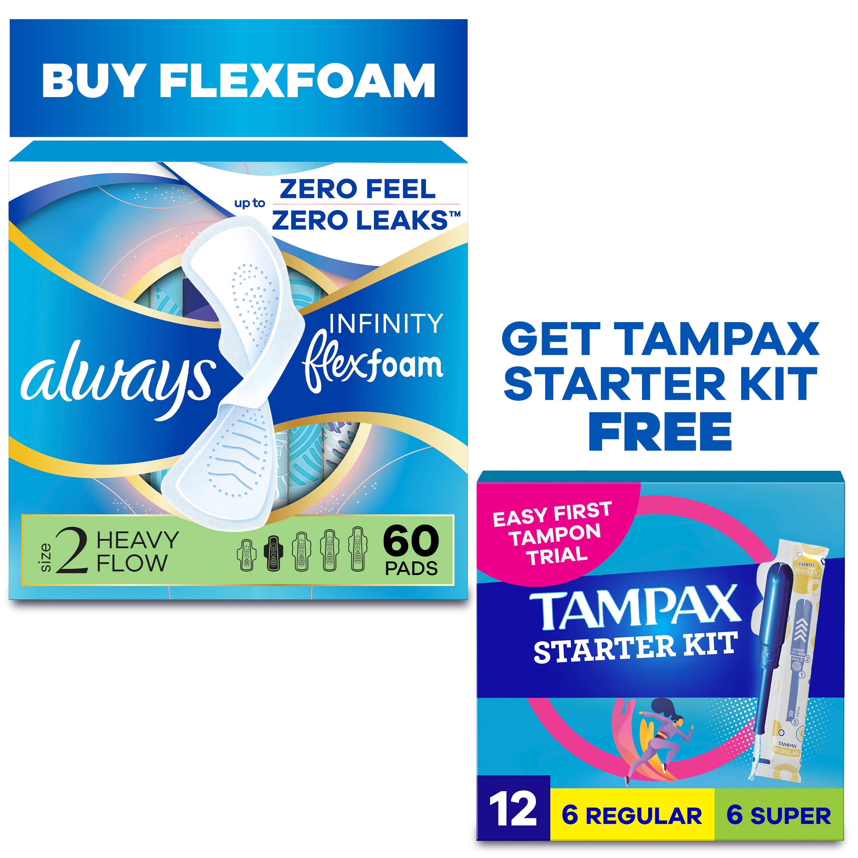 [Buy Pads Get Tampons FREE] Buy Always Pads, Infinity Flexfoam Size 2, Heavy, Wings, 60 Count, GET Tampax Pearl Starter Kit Multipack with Regular/Super, 12 count FREE