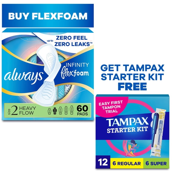 [Buy Pads Get Tampons FREE] Buy Always Pads, Infinity Flexfoam Size 2, Heavy, Wings, 60 Count, GET Tampax Pearl Starter Kit Multipack with Regular/Super, 12 count FREE