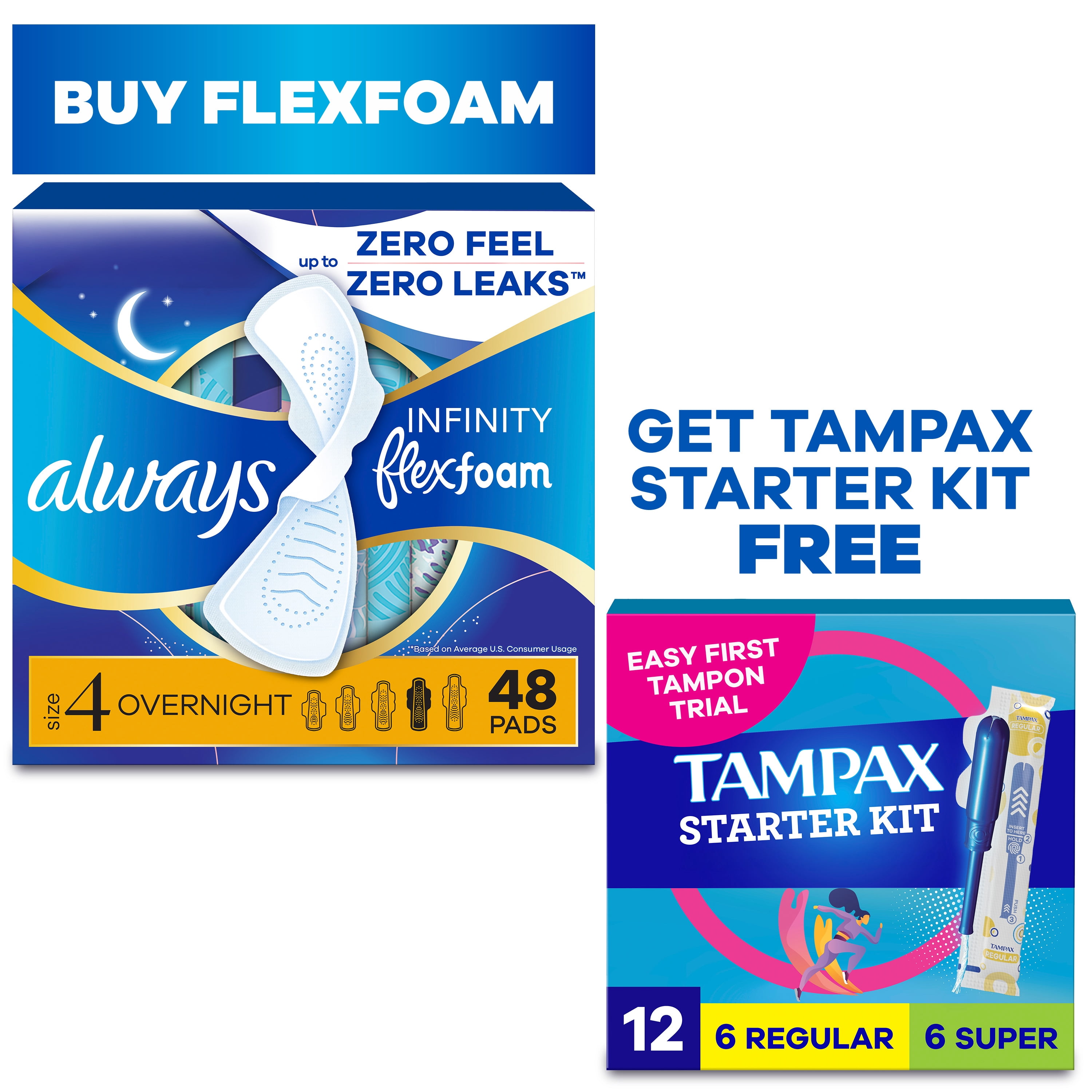 [Buy Pads Get Tampons FREE] Buy Always Pads, Infinity Flexfoam Size 4, Overnight, Wings, 48 Count, GET Tampax Pearl Starter Kit Multipack with Regular/Super, 12 count FREE