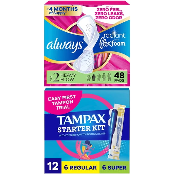 [Buy Pads Get Tampons FREE] Buy Always Pads, Radiant Flexfoam Size 2, Heavy, Wings, 48 Count, GET Tampax Pearl Starter Kit Multipack with Regular/Super, 12 count FREE