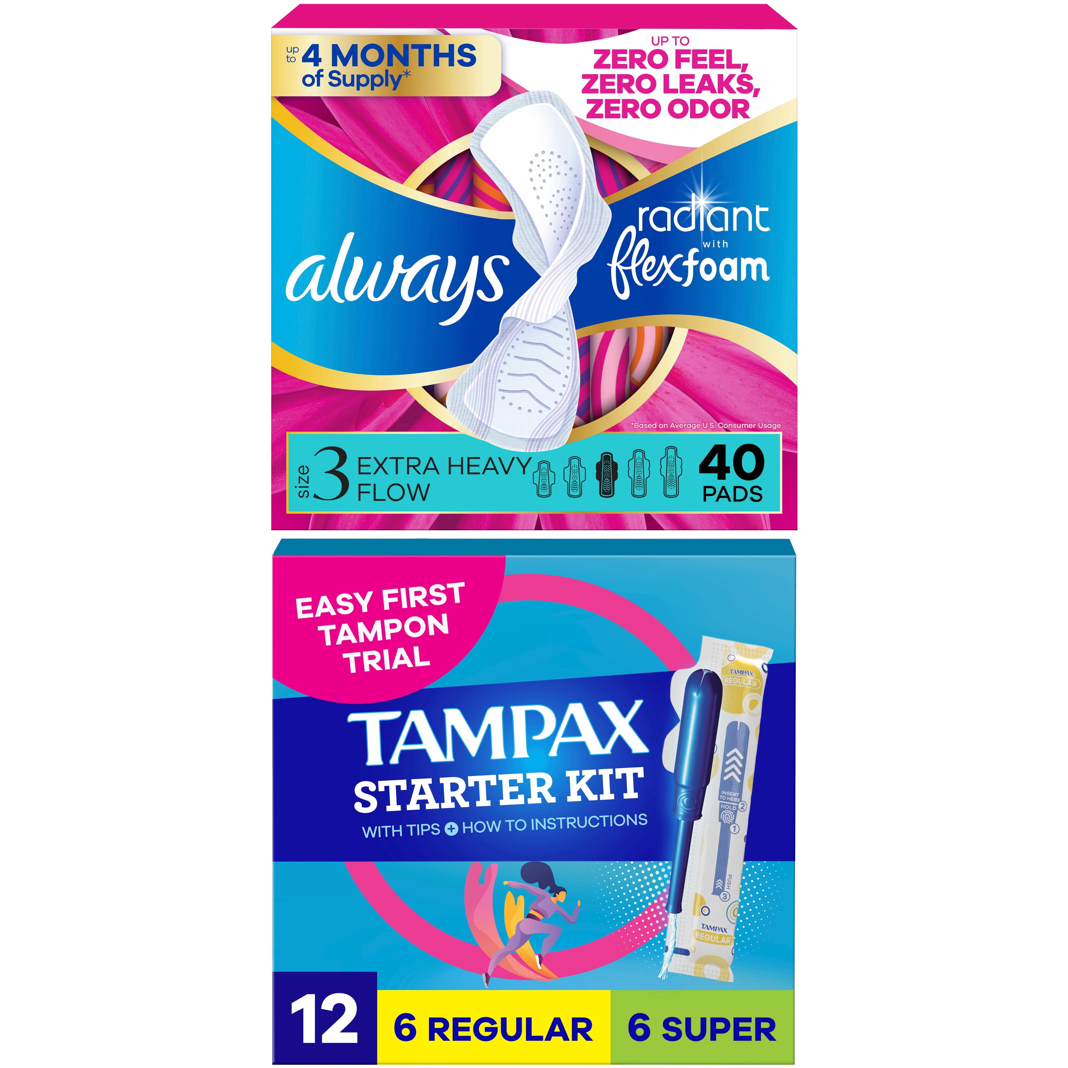 [Buy Pads Get Tampons FREE] Buy Always Pads, Radiant Flexfoam Size 3, Extra Heavy, Wings, 40 Count, GET Tampax Pearl Starter Kit Multipack with Regular/Super, 12 count FREE