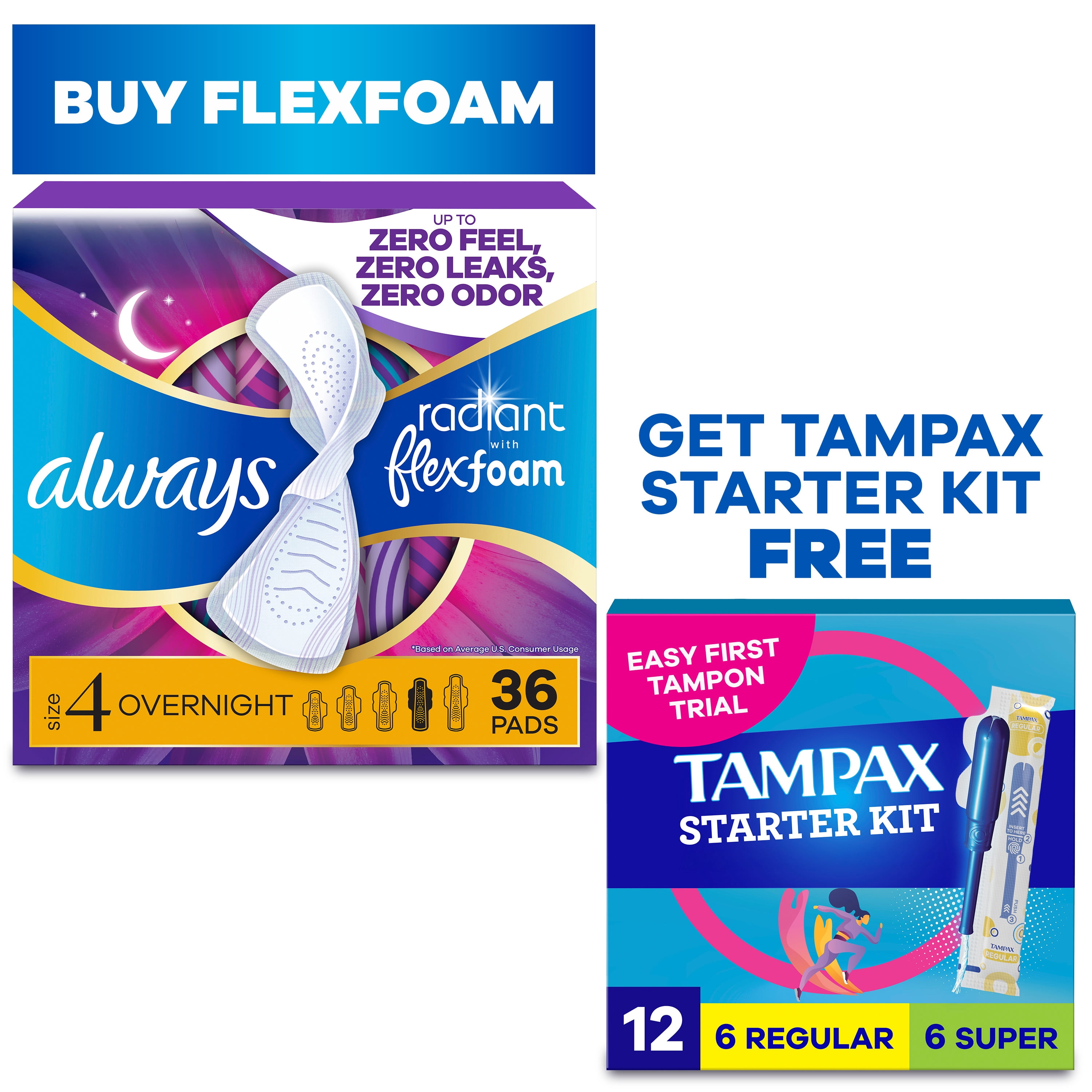 [Buy Pads Get Tampons FREE] Buy Always Pads, Radiant Flexfoam Size 4, Overnight, Wings, 36 Count, GET Tampax Pearl Starter Kit Multipack with Regular/Super, 12 count FREE