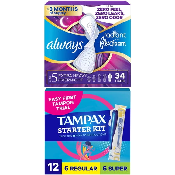 [Buy Pads Get Tampons FREE] Buy Always Pads, Radiant Flexfoam Size 5, Extra Heavy Overnight, Wings, 34 Count, GET Tampax Pearl Starter Kit Multipack with Regular/Super, 12 count FREE