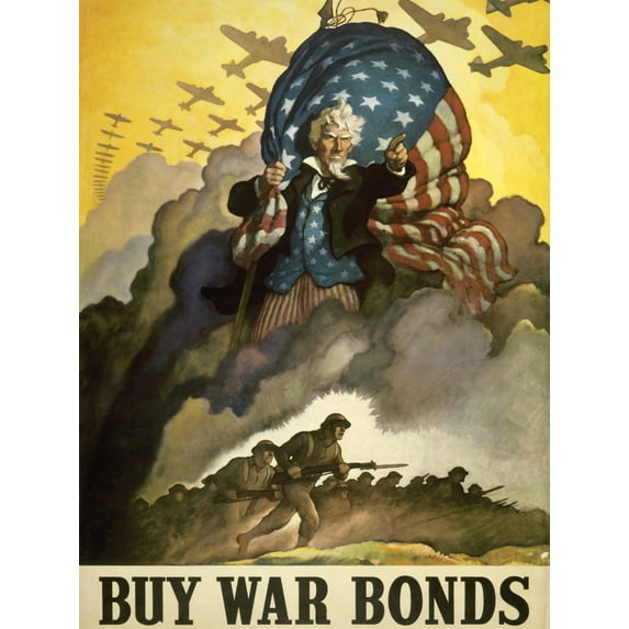 Buy War Bonds WWII USA Stars Stripes Flag Soldiers Aircrafts Vintage Political Propaganda Unframed Wall Art Print Poster Home Decor