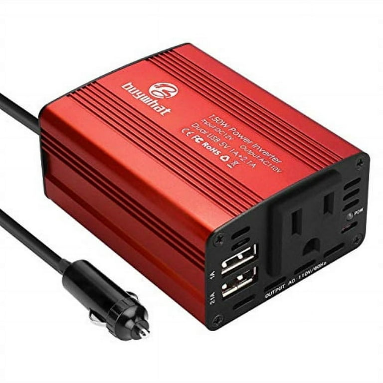 Buywhat Kfz-Wechselrichter, 150 W, DC 12 V auf 110 V Wechselstrom, mit 3,1  A Dual-USB-Auto-Adapter, Rot