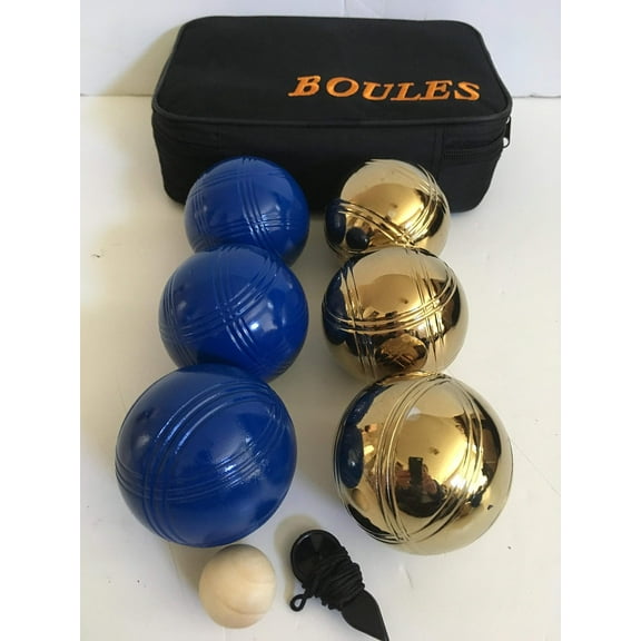 BuyBocceBalls 73mm Metal Petanque/Boules 6 Ball Set with 3 Blue and 3 Gold Balls and Black Bag
