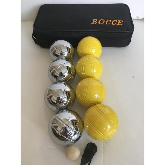 BuyBocceBalls Listing - 73mm Metal Bocce/Petanque 8 Ball Set with 4 Silver and 4 Yellow Balls and Black Bag