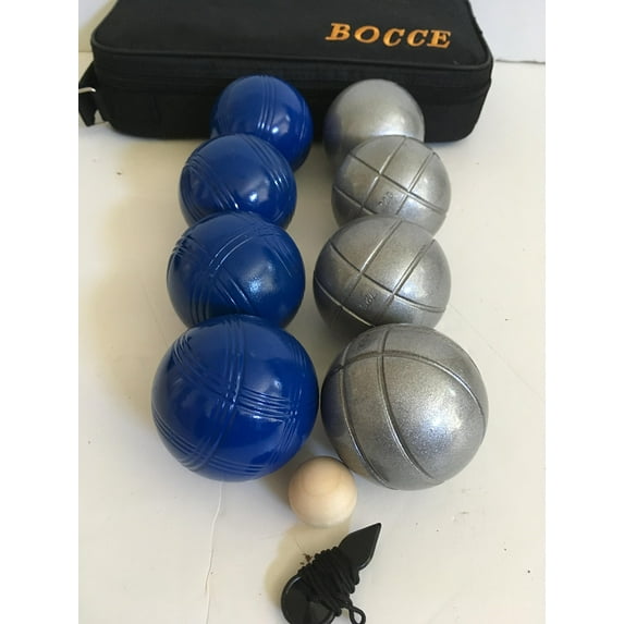 BuyBocceBalls Listing -73mm Metal Bocce/Petanque 8 Ball Set with 4 Striped Grind Sand and 4 Blue Balls and Blue Bag