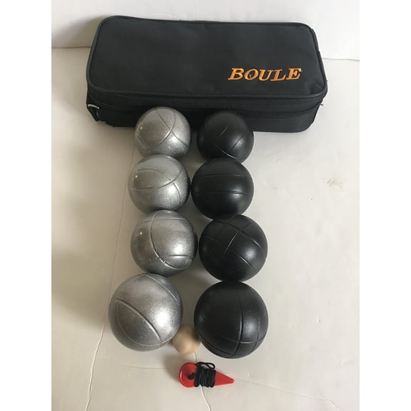 BuyBocceBalls Listing - 73mm Metal Bocce/Petanque Set with 4 Black and 4 Grind Sand Balls and Basic Black Nylon Bag - Single