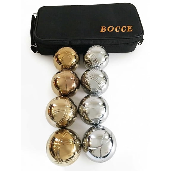 BuyBocceBalls Listing - 73mm Metal Bocce and Petanque Set with 8 Gold and Silver Balls (4 Striping Patterns) and Green Bag - Single