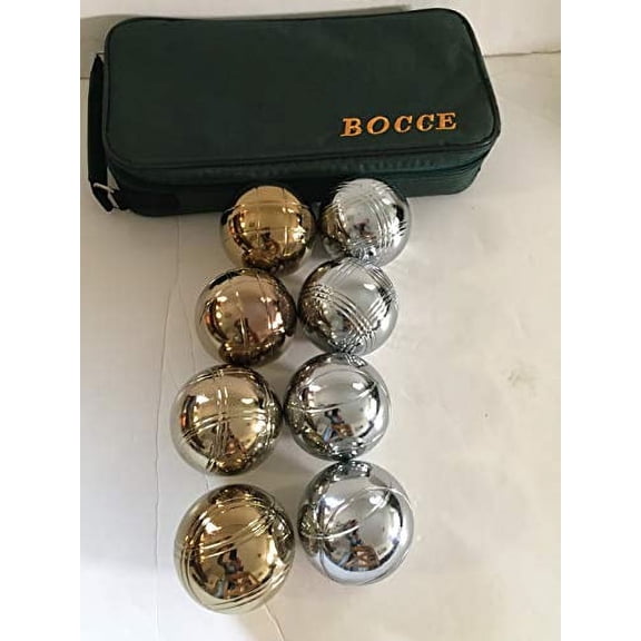 BuyBocceBalls Listing - 73mm Metal Bocce/Petanque Set with 8 Gold and Silver Balls (4 Striping Patterns) and Green Bag - Single