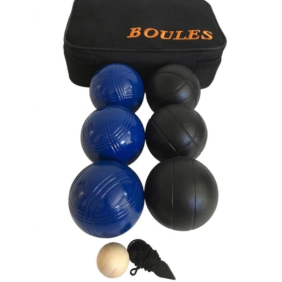 BuyBocceBalls Listing -73mm Metal Petanque/Boules 6 Ball Set with 3 Blue and 3 Black Balls and Black Bag