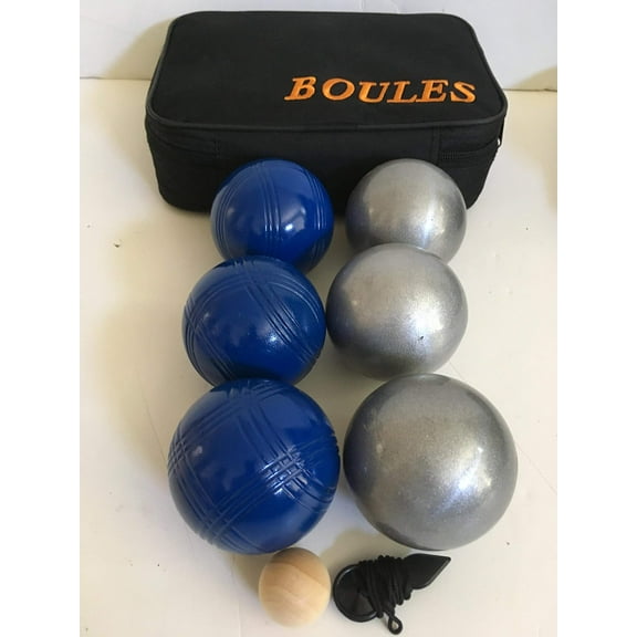 BuyBocceBalls Listing -73mm Metal Petanque/Boules 6 Ball Set with 3 Plain Grind Sand and 3 Blue Balls and Black Bag