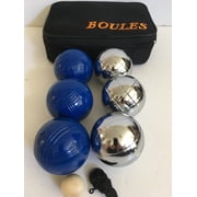 BuyBocceBalls Listing -73mm Metal Petanque/Boules 6 Ball Set with 3 Silver and 3 Blue Balls and Black Bag
