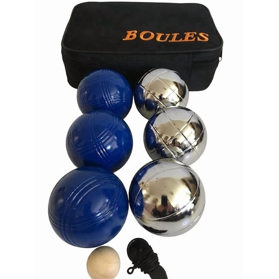 BuyBocceBalls Listing -73mm Metal Petanque/Boules 6 Ball Set with 3 Silver and 3 Blue Balls and Black Bag