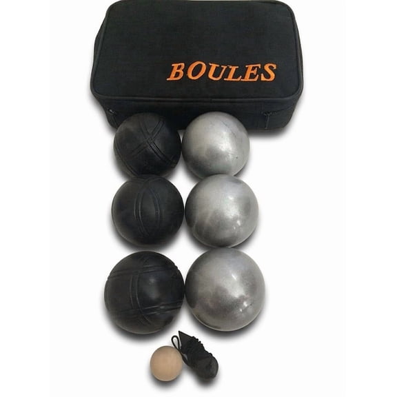 BuyBocceBalls Listing - Unique 6 Ball 73mm Metal Bocce/Petanque Set with 3 Grind Sand Balls and 3 Black Balls