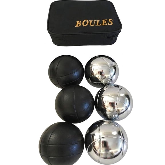 BuyBocceBalls Listing - Unique 6 Ball 73mm Metal Bocce/Petanque Set with 3 Silver Balls and 3 Black Balls