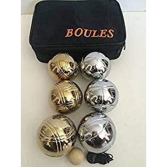 BuyBocceBalls Listing - Unique 6 Ball 73mm Metal Bocce/Petanque Set with 3 Silver Balls and 3 Gold Balls