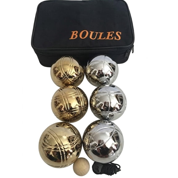 BuyBocceBalls Listing - Unique 6 Ball 73mm Metal Bocce/Petanque Set with 3 Silver Balls and 3 Gold Balls