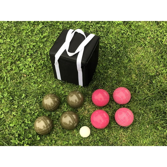 BuyBocceBalls New Listing - Unique Bocce Sets - 107mm with Olive Brown and Pink Balls, Black Bag