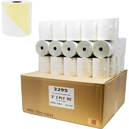 BuyRegisterRolls 2 Ply Carbonless Rolls (100 Rolls) 3 X 95 Feet Carbonless White/Canary Kitchen Printer Paper Rolls With Solid Tube Core