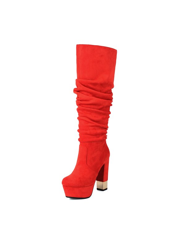 Women's Knee-High Slouch Boots, Block Heel, Red, 3.5