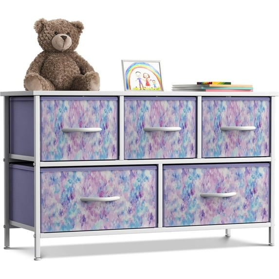 BuySphere Kids Dresser with 5 Drawers - Storage Chest Organizer Unit with Steel Frame, Wood Top, Easy Pull Fabric Bins - Long Wide TV Stand for Bedroom Furniture, Hallway, Closet & Office Organization