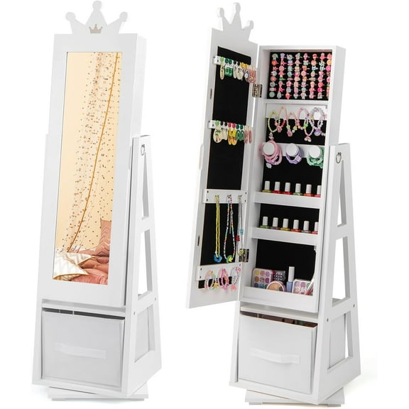 BuySphere Kids Jewelry Armoire, 360° Swivel Jewelry Cabinet with Full Length Mirror, Kids Vanity Dress Up Mirror with Jewelry Storage, Drawer, Standing Jewelry Organizer for Girls (White)