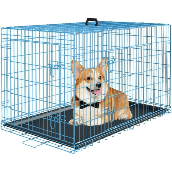 BuySphere Large Dog Crate Kennel for Medium Large Dogs 36 inches Metal Dog Cage Double-Door Folding Travel Indoor Outdoor Puppy Playpen with Divider and Handle Plastic Tray,Blue