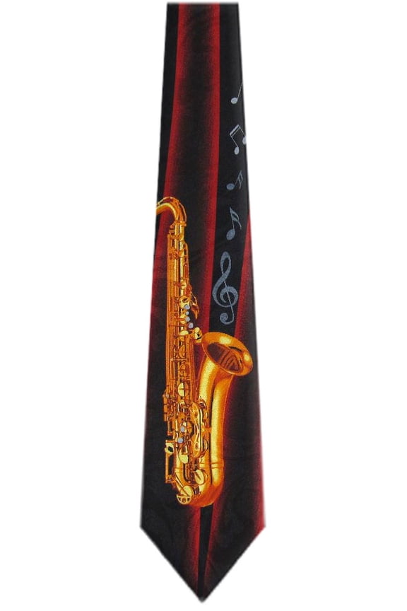 - Mens Novelty Saxophone Necktie - Black Red Gold