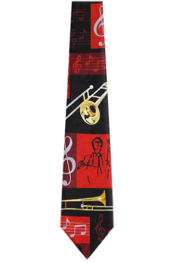 - Mens Novelty Trombone Necktie - Black Gold Red