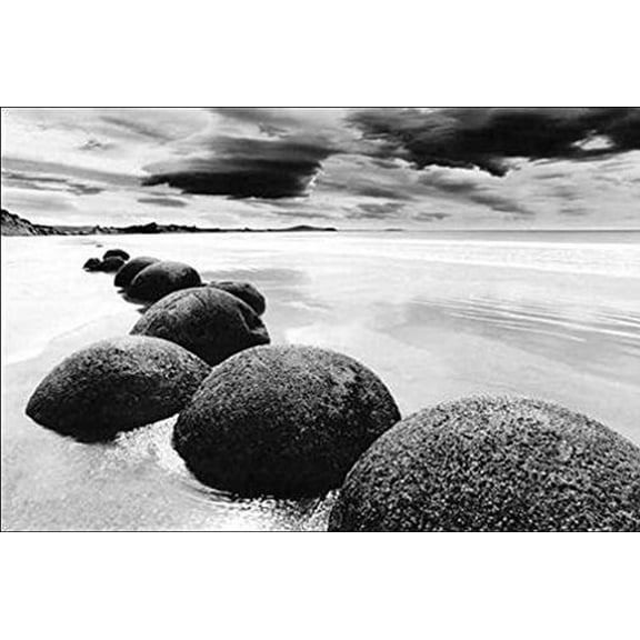 Buyartforless Boulders On The Beach (Stepping Stones) Photograph Art Print Poster Wall Decor Black And White Ocean