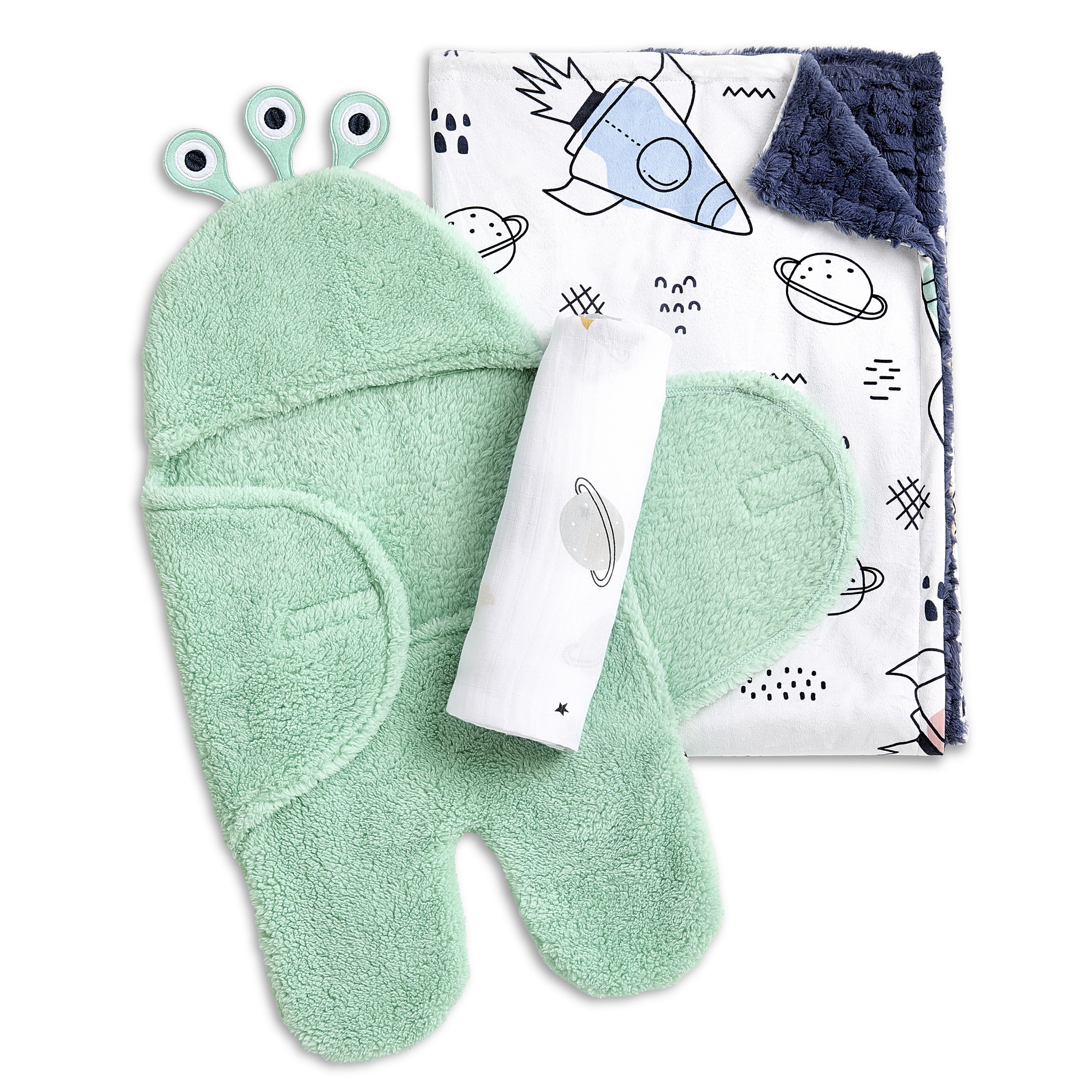 Evolur AstroNap 3 pc Gift Set - Sherpa Sack Wrap, Muslin Wrap & Velour Blanket, Space Print