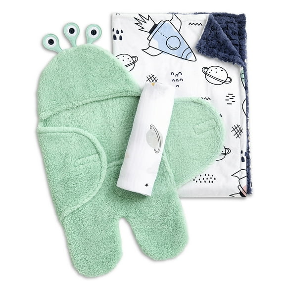 Evolur AstroNap 3 pc Gift Set - Sherpa Sack Wrap, Muslin Wrap & Velour Blanket, Space Print