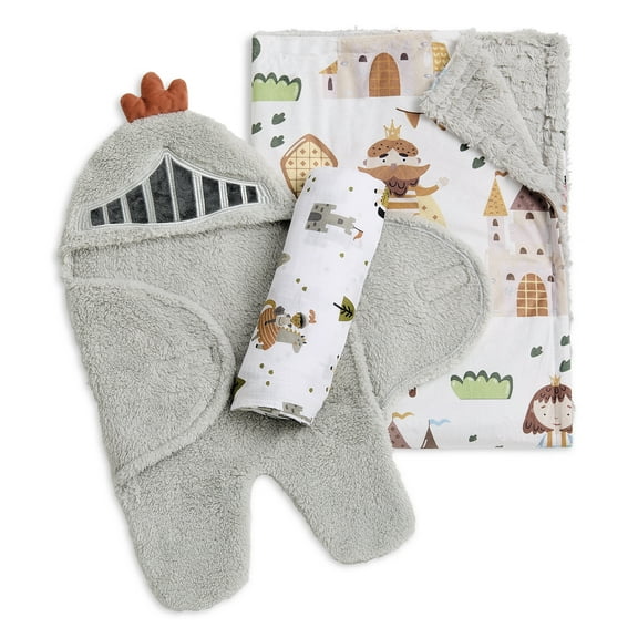 Evolur Good Knight 3 pc Gift Set - Sherpa Sack Wrap, Muslin Wrap & Velour Blanket, Knight Print
