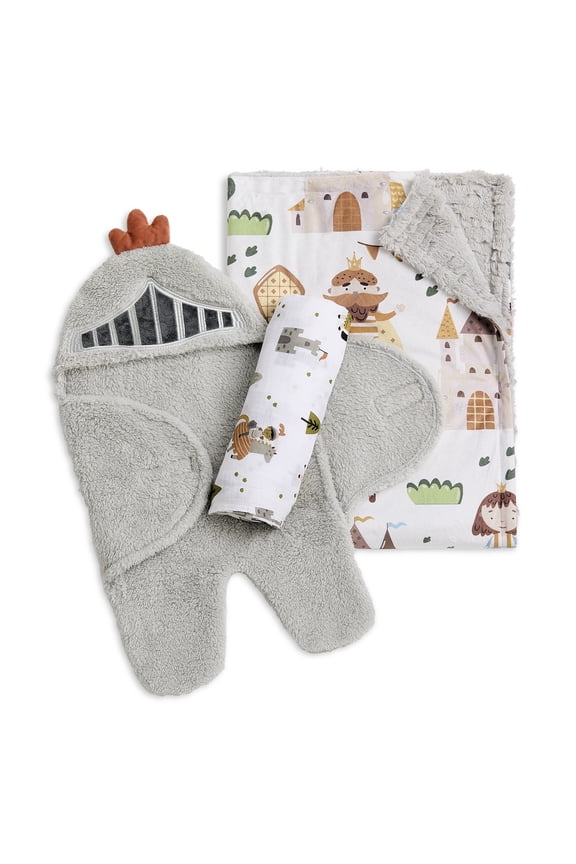 Good Knight 3 pc Gift Set - Sherpa Sack Wrap, Muslin Wrap & Velour Blanket, Knight Print