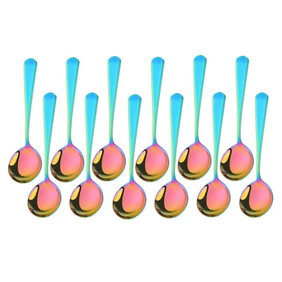 Buyer Star 12 Piece Soup Spoons,Stainless Steel Round Bouillon Spoons with Deep Bowl, Reusable Iridescent Table Dessert Spoon Suitable for Soup, Grain, Gumbo, Dishwasher Safe